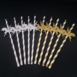 Creative Beverage Drinking Straws Flying Unicorn Shape Unicorn Paper Straw For Bar KTV Decoration Supplies Gold Silver 6rs BB