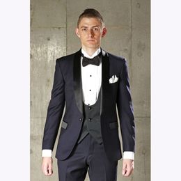 High Quality Groomsmen Shawl Lapel Groom Tuxedos Navy Blue Men Suits Wedding/Prom Best Man Blazer ( Jacket+Pants+Vest+Tie ) A133