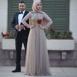 elegant muslim evening dresses 2018 new style jewel neck long sleeves a line beaded lace appliqued arabic evening gowns