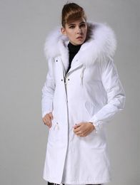 New arrival female jackets White raccoon fur trim women warm coats white rabbit fur lining white long parkas