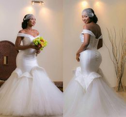 Elegant Off Shoulder Mermaid Wedding Dresses Ruffle Sleeveless Beads Arab Bridal Dresses Sweep Train Real Image Lace Up Wedding Gowns