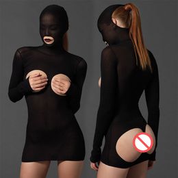 Breathable Open Chest And Butt Tight Seamless Mini Dress Underwear Long Sleeves Sexy Costume Outfits With Mouth Open Head Mask