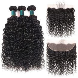 Wholesale Top Quality 13x4 Lace Frontal With 3 Bundles Water Wave Grade 10A Brazilian Malaysian Peruvian Indian Mongolian Human Hair Weaves