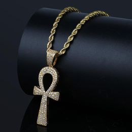 -Hip Hop argent / or couleur Jésus égyptien Ankh Key Cross pendentif colliers Zircon cubique longues chaînes pour hommes et femmes