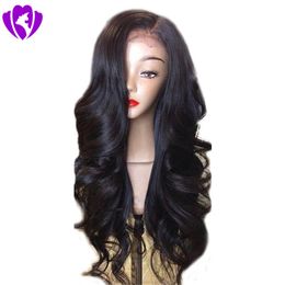 Free shippping side part Synthetic Lace Front Wig with Bangs Long Black Body Wave Hair Synthetic Hair Wigs for Black Women