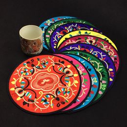 Large Chinese Embroidered Round Table Mat Christmas Placemat Vintage Satin Fabric Bowl Plate Dining Table Mat Tea Coffee Pads 19.5 cm