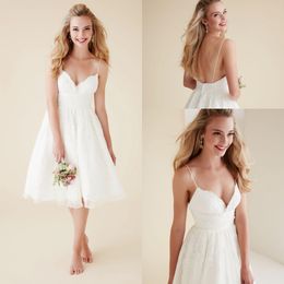 Cute Short Beach Wedding Dresses V Neck Spaghetti Straps Knee Length Sexy Backless Wedding Gowns White Lace Bridal Dresses DH4149