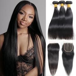 Malaysia Straight Hair Weave Extensions 100% Unprocessed Human Virgin Hair Bundles with 4x4 Lace Closure Brazilian Human Hair Factory