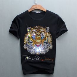 2021 Diamonds Top Quality Men's Black Colour Short T-shirts with Luxury Tiger Letter Diamond Casual Cotton short sleeve T Shirts Brand White o-neck tops