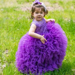 New Princess Purple Little Girls Pageant Dresses Jewel Neck Tiered Tulle Toddler Glitz Pageant Dresses for Kids Girls Birthday Gowns