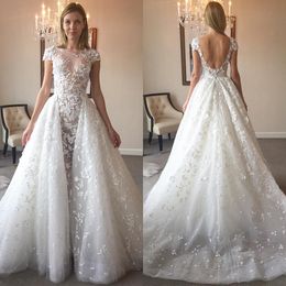 Zuhair Murad Backless Wedding Dresses A Line Sheer Bateau Neck Overskirt Lace Bridal Gowns Tulle Plus Size Vestido De Novia