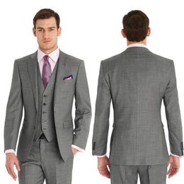 Custom Made Slim Fit Side Vent Light Grey Groom Tuxedos Notch Lapel Best Man Groomsman Wedding Suits Bridegroom Handsome(Jacket+Pants+Vest)