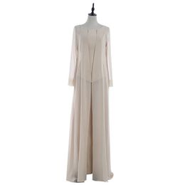 Champagne Three Piece Mother of the Bride Pant Suits Dress with Long Jackets Grey Sleeves Chiffon For Wedding