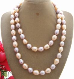 Hand knotted necklace 9-10mm pink purple rice freshwater cultured pearl 86cm long fashion Jewellery