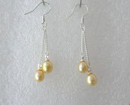 Beautiful 7-8mm Yellow gold Freshwater Pearl 925 silver dangle Earrings