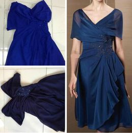 Free Shipping Mother's Dresses Off-shoulder A-line Draped Knee-length Chiffon With Applique and Beading Mother of the Bride Dress