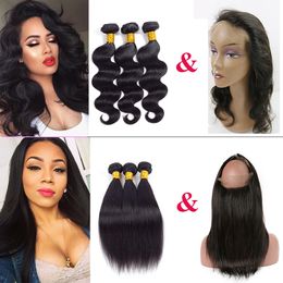 Grade 10a Remy Human Hair Extensions Body Wave And Straight Malaysian Hair 360 Closure with Bundles Brazilian Peruvian Hair 360 Lace Frontal