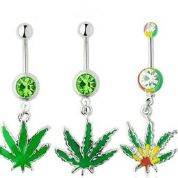 Stainless Steel Crystal Rhinestone Belly Button Navel Bar Rings New Body Piercing Jewellery Dangling Maple Leaf Charms