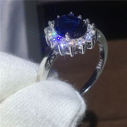 Royal Jewellery Princess Diana 100% Real 925 Sterling silver ring Blue 5A Zircon Cz Engagement wedding band rings for women Bridal293A