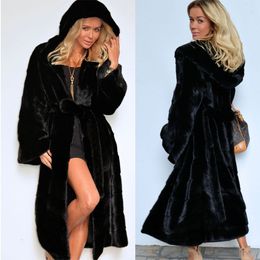 Women Long Faux Fur Coat with Hood Autumn Winter Back Fake Fur Hooded Cloak Coat Sexy Elegant Female Fashion Warm Cape 2018