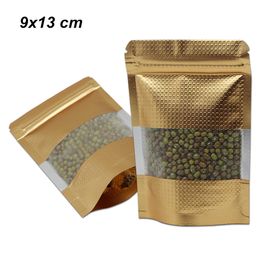 9x13cm Stand Up Gold Embossed Aluminum Foil Zip Lock Food Storage Packing Bag Mylar with Clear Window Foil Reusable Food Valve Packing Pouch