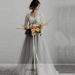 Summer Lace Tulle Grey Wedding Dresses V Neck Lace Half Sleeves A Line Bridal Gowns Custom Made Bohemia Wedding Gowns3090