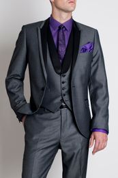Groom Wear Dark Grey Groomsmen One Button Groom Tuxedos Peak Lapel Men Suits Wedding/Prom/Dinner Man Blazer(Jacket+Pants+Tie+Vest)