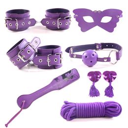Bondage Glossy Leather 7PC Bandage Set Tool Restraints Toys Purple Slave Shackle #R87