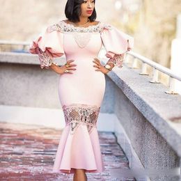 Gorgeous Mermaid Prom Dresses Juliet Sleeves Lace Appliques Plus Size Evening Gowns Tea Length Saudi Arabia Women Formal Wear Custom Made