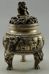 Antique china handmade Tibet Silver Chinese Zodiac Incense Burner statue