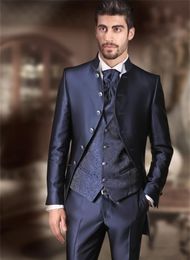 2018 Newest Blue Mandarin Lapel Wedding Groom Tuxedos Men Suits Wedding/Prom/Dinner Best Man Blazer(Jacket+Tie+Vest+Pants) 10
