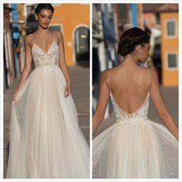 2020 Gali Karten Abiti da sposa A Line Spaghetti Sweep Train Applique in pizzo Perline Abito da sposa da spiaggia Illusion Abito da sposa economico Taglie forti