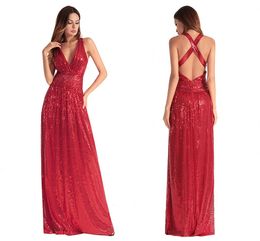 Cheap Deep V Neck Red Sequin Prom Dress Long Sexy Backless Party Gowns Floor Length A-line Cocktail Party Dresses Vestidos De Fiesta