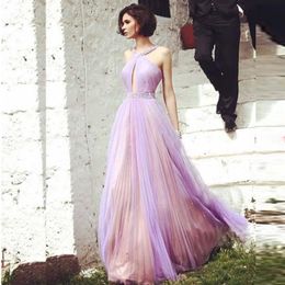 Elegant Champagne Lavender Evening Dresses Beaded Halter Neck Belt Sleeveless Ruched Tulle Cut Out Design Sexy Prom Gowns Floor Length