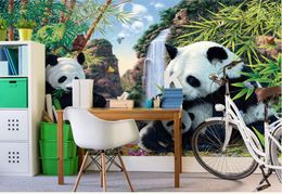 papel de parede Seamless large-scale mural 3D Custom Photo mural Wallpaper Cute cartoon bamboo three giant panda animal children background