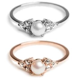 New pearl wedding ring female Jewellery white gold / rose gold crystal engagement ring female retail wholesale