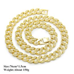 Fashion Men's Hip Hop Rhinestone Stones Simulated Diamonds Bling Bling 76cm 30Inches 15mm Width Thick Cuba Link Chain Fashion Jewellery