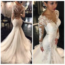 Beautiful Sheer Long Sleeves Mermaid Wedding Dresses 2019 Custom Lace Appliques Petite Bridal Gowns Beading Slim Arabic Middle East Vestidos