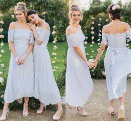 2018 Summer Off The Shoulder Bridesmaid Dresses Half Sleeves Lace Pleated Chiffon Ankle Length Boho Bridesmaid Gowns