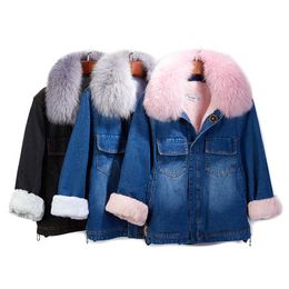 Winter new women's fashion warm real fox fur collar long sleeve denim jeans plus velvet faux lamb fur liner thickening short coat parka