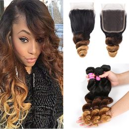 Malaysian Ombre Human Hair Weave Bundles With Closure 1B/4/30# Dark Brown Virgin Hair Bundles with Lace Closure Free Part Closure