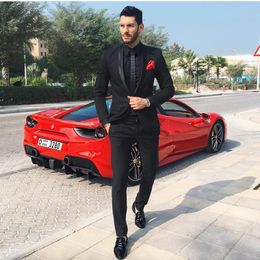 New Black Two Pieces Mens Suits Slim Fit Wedding Grooms Tuxedos Cheap One Button Formal Prom Suit (Jacket +Pants)