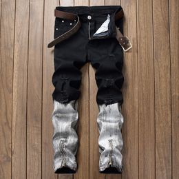 Fashion Mens Straight Slim Fit Biker Jeans Pants Distressed Skinny Ripped Destroyed Denim Jeans Washed Hiphop Trousers Black J180808