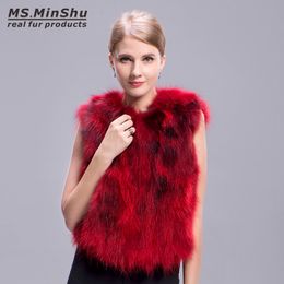 Real Raccoon Fur Vest Sleeveless with Pocket Winter Genuine Fox Fur Waistcoat Women Fur Gilet Short style Outwear Ms.MinShu