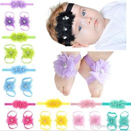 Infant Sandals Shoes Cover Barefoot Foot Flower Ties Baby Girl Kids First Walker Shoes Flowers Headband Set Photography Props 16 Colours 142