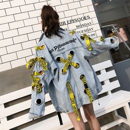 TREND-Setter 2018 Spring New Hollow Out Punk Style Denim Jacket Women Metal Ring Bandage Loose Casual Jacket and Coat Oversize