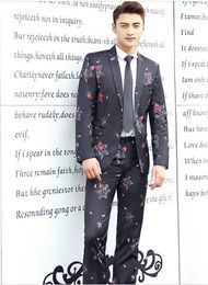 2018 Mens black Flower Pattern Slim Fit Casual Suits Wedding Bridegroom Tuxedo Singer Clothing Costume Homme