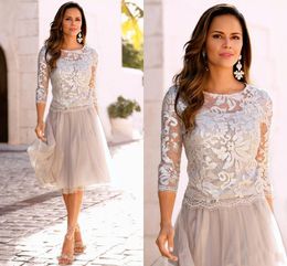 Newest Short Mother Of The Bride Dresses Lace Tulle Knee Length 3/4 Long Sleeves Mother Groom Dress Prom Gowns