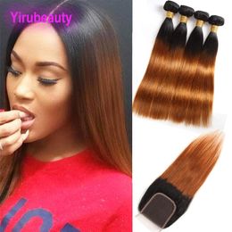 Brazilian Human Hair Silky Straight 1B/30 Bundles With 4X4 Lace Closure Virgin Hair Wefts With Closure Middle Three Free Part 8-28inch