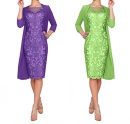 Lace Mother Of The Bride Dresses Plus Size Formal 3/4 Sleeve Knee Length Sheer Neck Applique Mother Groom Dress DH327